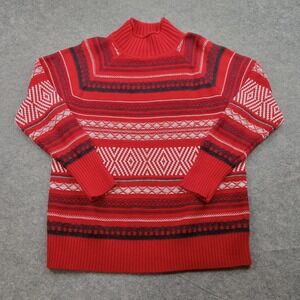 Chaps Sweater Womens 1X Red Mock‎ Neck Fair Isle Nordic Knit Pullover